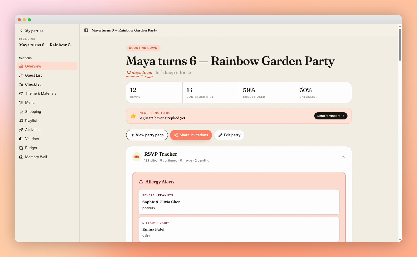 Sample Confetti dashboard for a kid's birthday party showing RSVPs, checklist, allergy alerts, and a 12-days-to-go countdown.